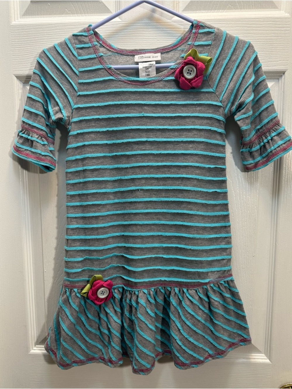 Striped Grey & Teal Girls' Floral Accent Dress - Kids